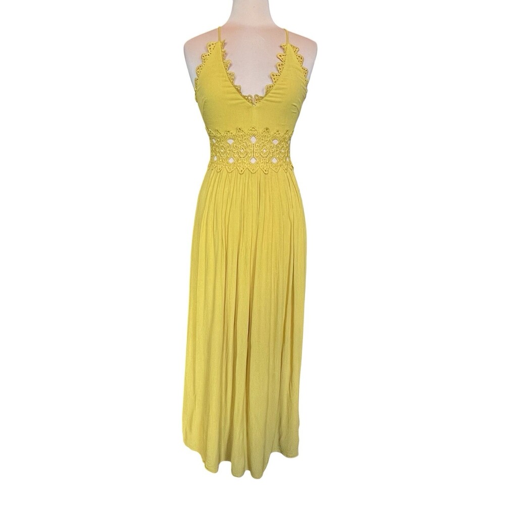Lulus This is Love Lace Maxi Dress Women's Small Yellow Crochet Trim Deep V Neck - Picture 4 of 12